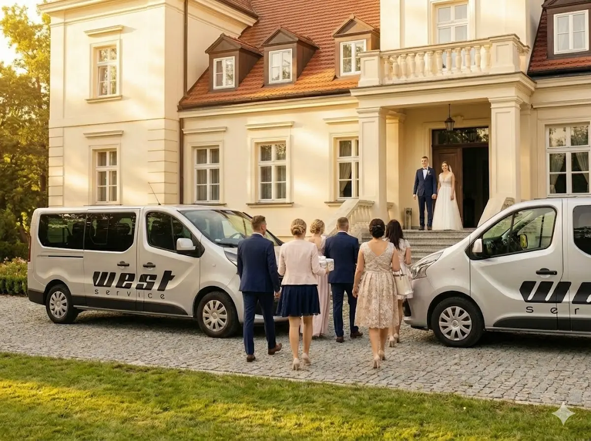 Grupa gości weselnych przywieziona wynajętymi busami firmy West Service. Grafika wygenerowana przez AI.