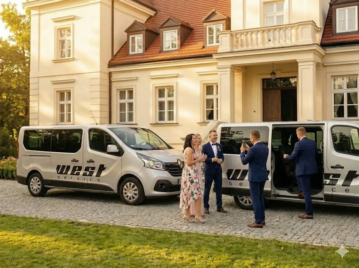 Goście weselni robią sobie zdjęcie z państwem młodymi. W tle widoczny jest dom weselny i busy West Service. Grafika wygenerowana przez AI.